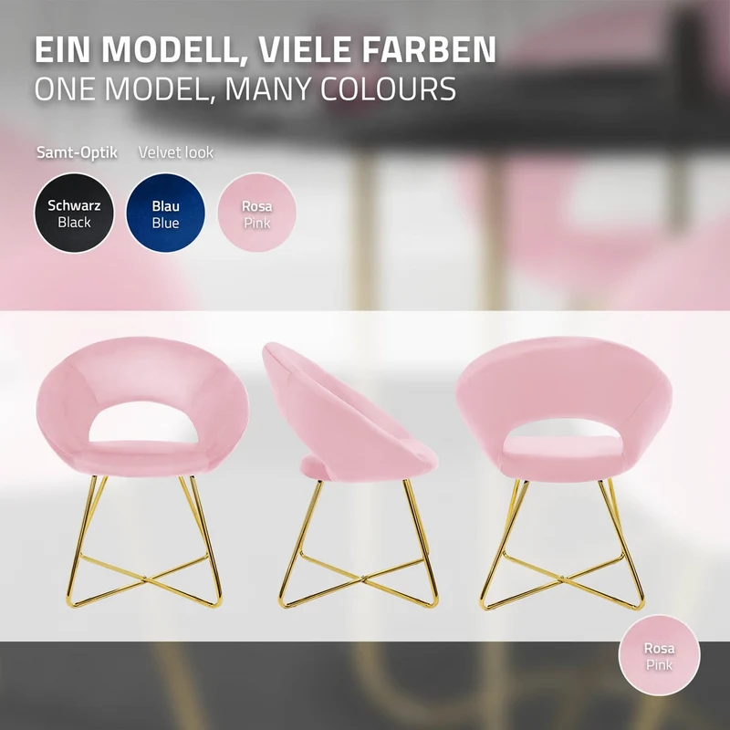 B-Ware Esszimmerstuhl mit runder offener Rückenlehne Rosa aus Samt mit goldenen Metallbeinen ML-Design