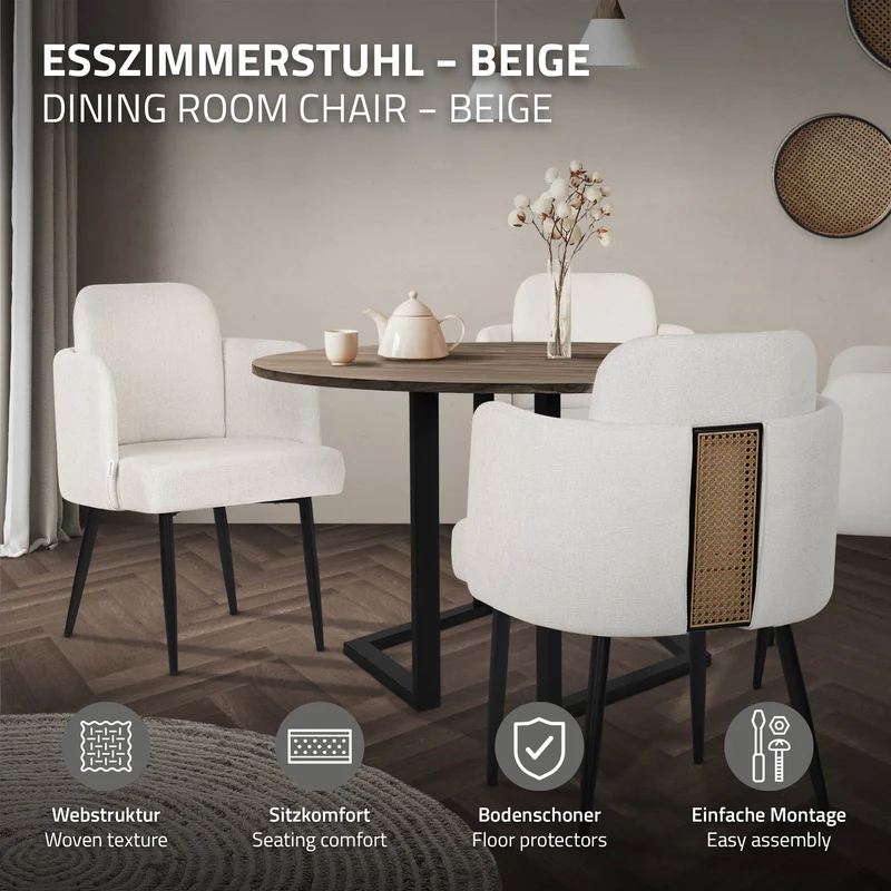 6er Set Esszimmerstühle mit Rücken- & Armlehne Beige mit Metallbeinen bis 120 kg ML-Design