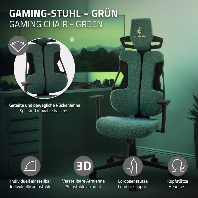 Gaming Stuhl mit Armlehne, Kopfstütze und Lordosenstütze Grün, aus Stoff ML-Design