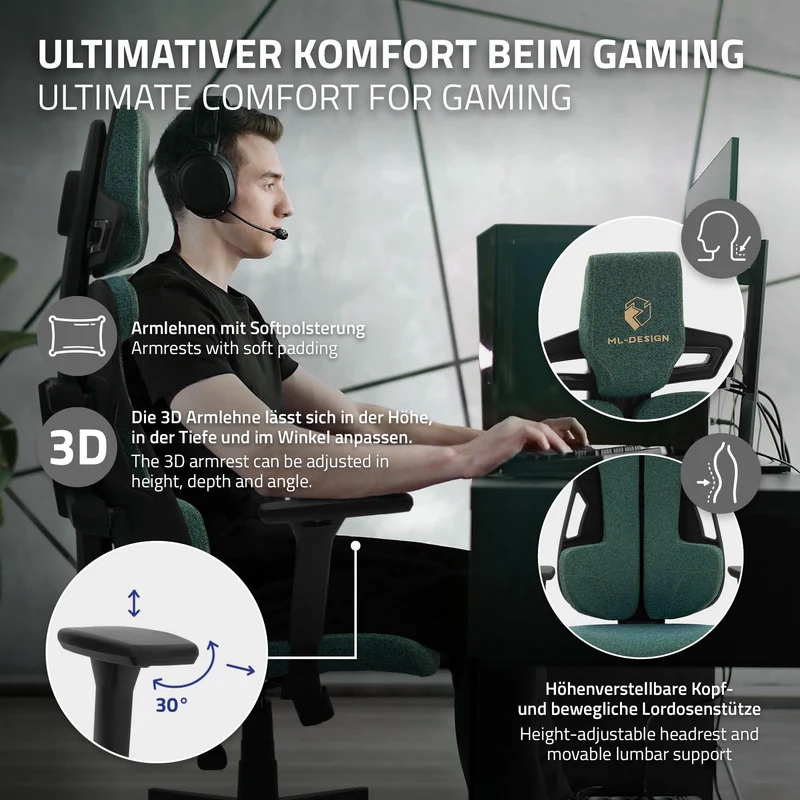 Gaming Stuhl mit Armlehne, Kopfstütze und Lordosenstütze Grün, aus Stoff ML-Design