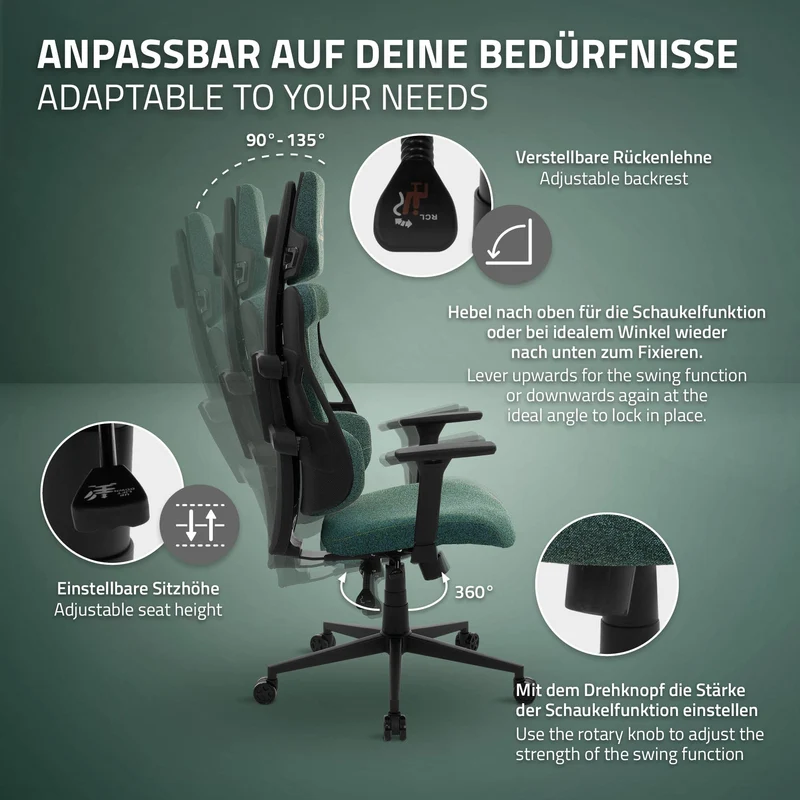 Gaming Stuhl mit Armlehne, Kopfstütze und Lordosenstütze Grün, aus Stoff ML-Design