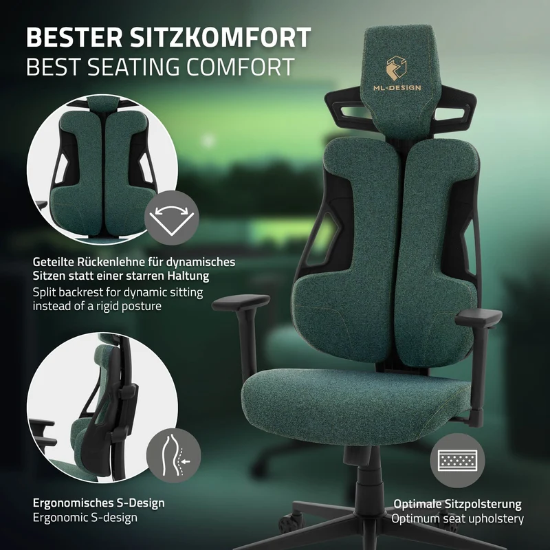 Gaming Stuhl mit Armlehne, Kopfstütze und Lordosenstütze Grün, aus Stoff ML-Design