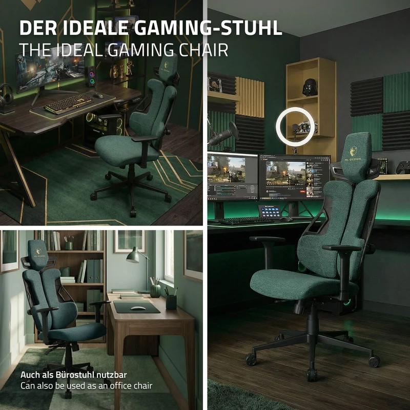 Gaming Stuhl mit Armlehne, Kopfstütze und Lordosenstütze Grün, aus Stoff ML-Design