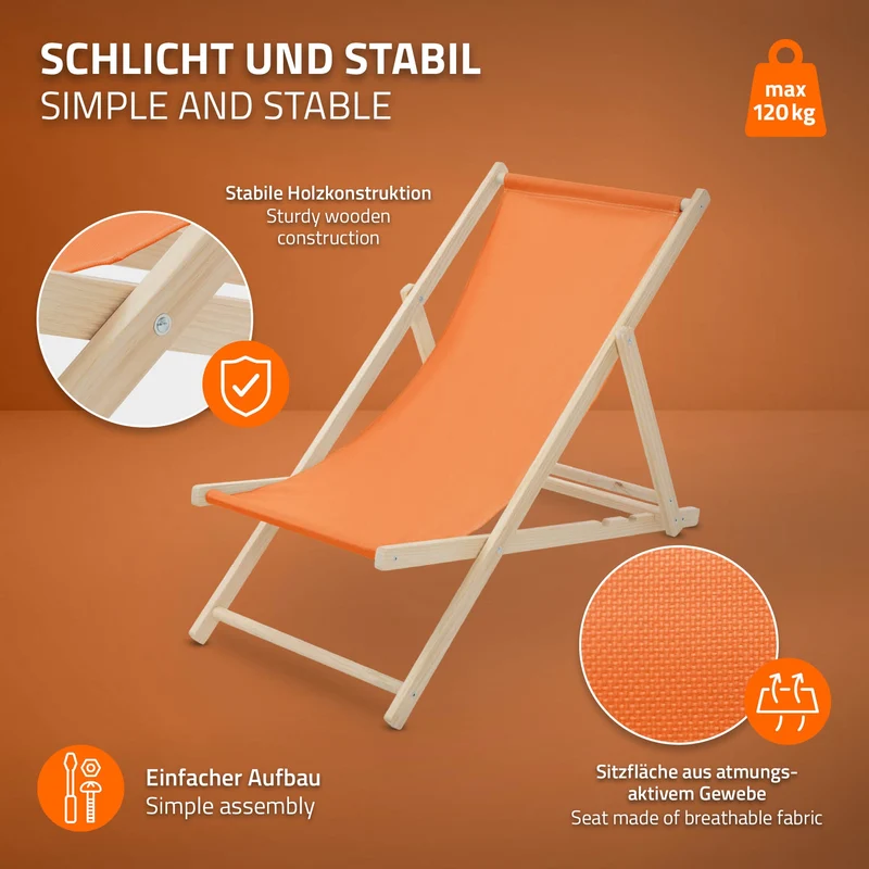 B-Ware Gartenstuhl Strandliege Liegestuhl Sonnenliege Orange aus Holz klappbar