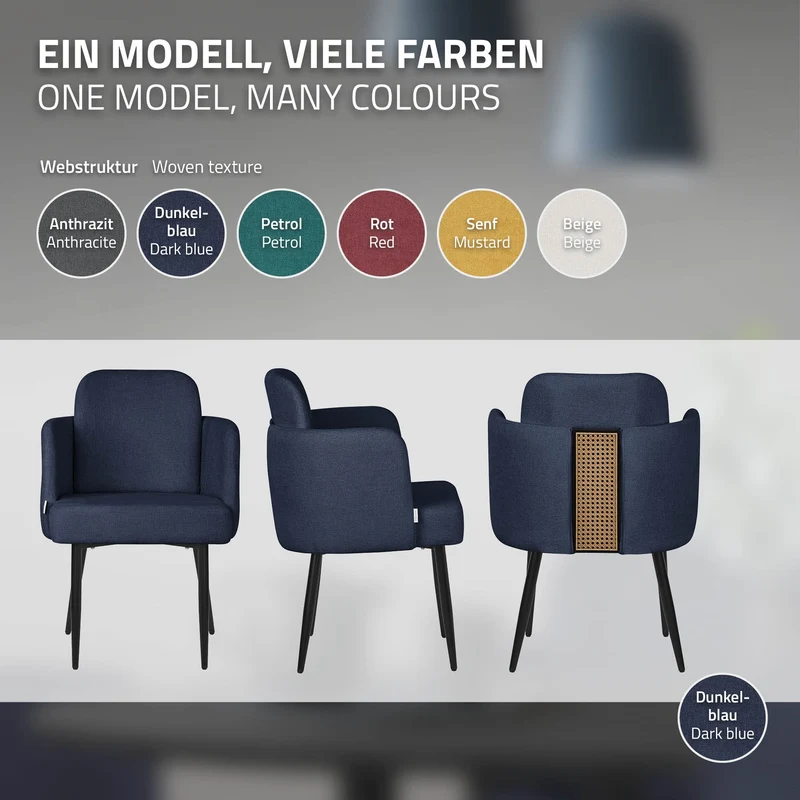 4er Set Esszimmerstühle mit Rücken- & Armlehne Dunkelblau mit Metallbeinen bis 120 kg ML-Design