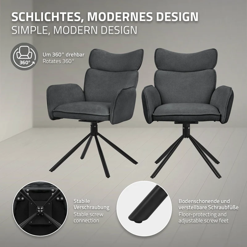 Esszimmerstuhl 6er Set drehbar Anthrazit mit Rücken- und Armlehne bis 120 kg ML-Design