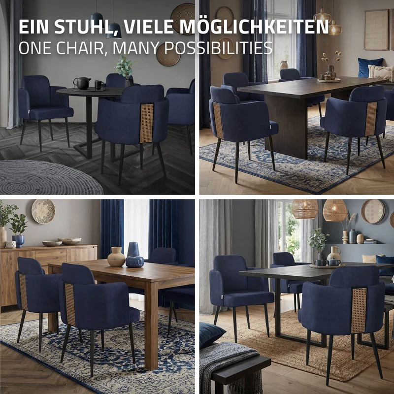2er Set Esszimmerstühle mit Rücken- & Armlehne Dunkelblau mit Metallbeinen bis 120 kg ML-Design