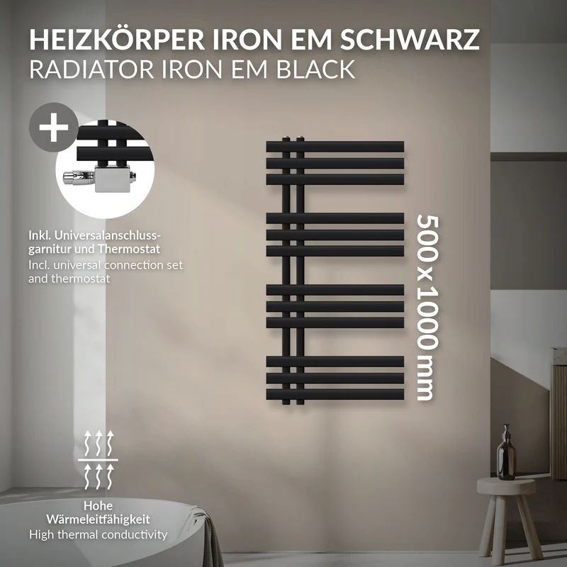 Badheizkörper Mittelanschluss 500x1000 mm Schwarz matt mit Universal Thermostatventil LuxeBath