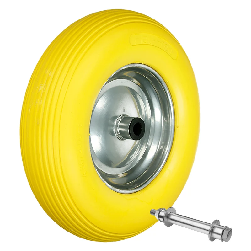 4er Set Schubkarrenrad 390 mm 4.80/4.00-8 mit Achse Gelb aus PU Vollgummi