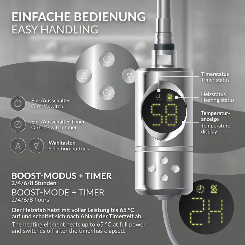 Elektrischer Badheizkörper mit Heizstab 900W 600x1200 mm Chrom gerade Seitenanschluss & Thermostat LuxeBath