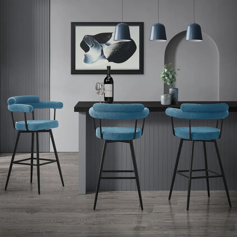 2er Set Barhocker 360° drehbar Blau 61x103x55 cm mit Arm-, Rückenlehne und Fußstütze bis 120 kg ML-Design