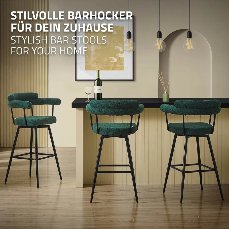 2er Set Barhocker 360° drehbar Dunkelgrün 61x103x55 cm mit Arm-, Rückenlehne und Fußstütze bis 120 kg ML-Design