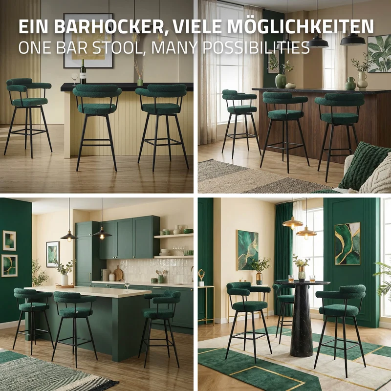 2er Set Barhocker 360° drehbar Dunkelgrün 61x103x55 cm mit Arm-, Rückenlehne und Fußstütze bis 120 kg ML-Design