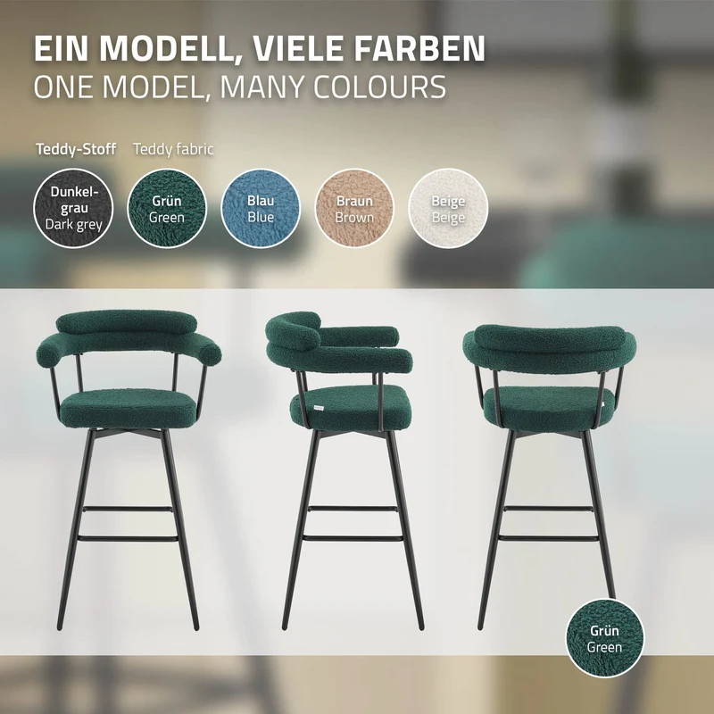 2er Set Barhocker 360° drehbar Dunkelgrün 61x103x55 cm mit Arm-, Rückenlehne und Fußstütze bis 120 kg ML-Design