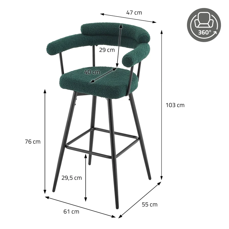 2er Set Barhocker 360° drehbar Dunkelgrün 61x103x55 cm mit Arm-, Rückenlehne und Fußstütze bis 120 kg ML-Design