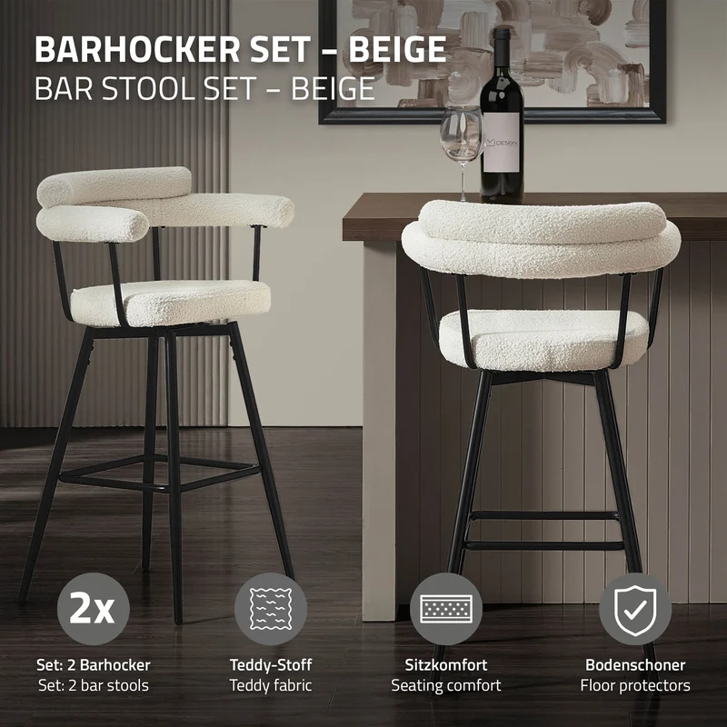 2er Set Barhocker 360° drehbar Beige 61x103x55 cm mit Arm-, Rückenlehne und Fußstütze bis 120 kg ML-Design