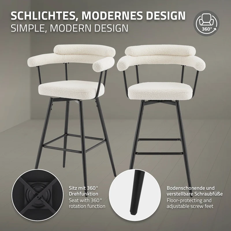 2er Set Barhocker 360° drehbar Beige 61x103x55 cm mit Arm-, Rückenlehne und Fußstütze bis 120 kg ML-Design