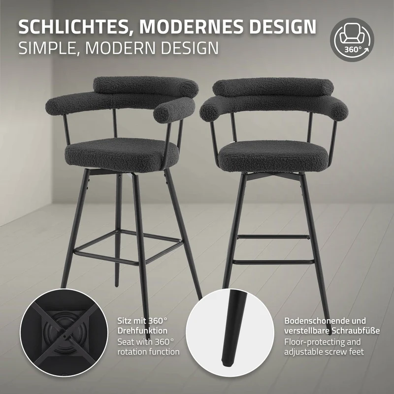 2er Set Barhocker 360° drehbar Dunkelgrau 61x103x55 cm mit Arm-, Rückenlehne und Fußstütze bis 120 kg ML-Design