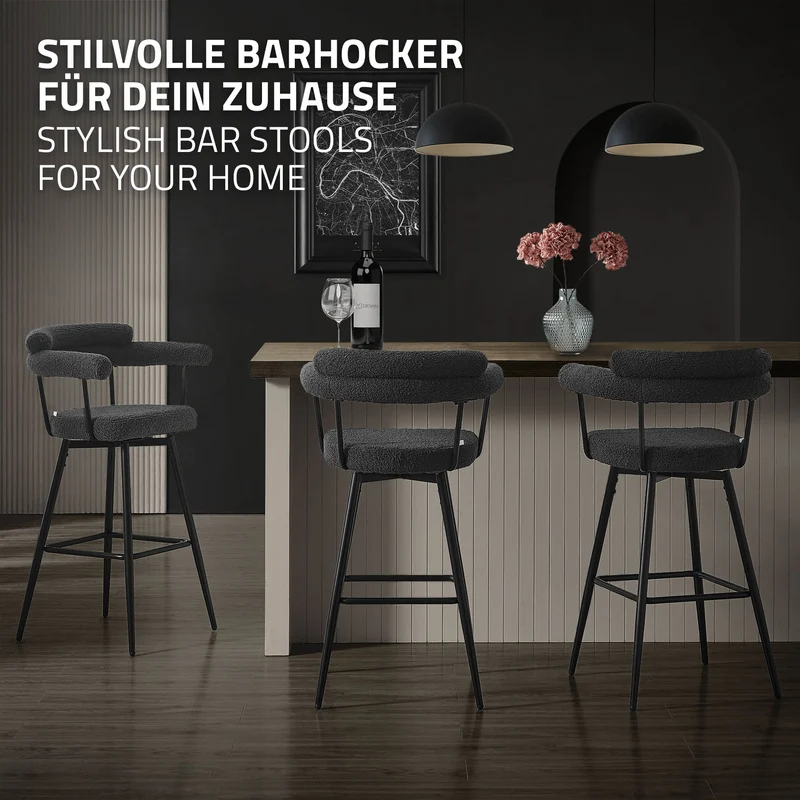 2er Set Barhocker 360° drehbar Dunkelgrau 61x103x55 cm mit Arm-, Rückenlehne und Fußstütze bis 120 kg ML-Design