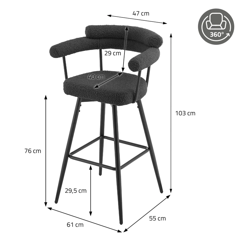 2er Set Barhocker 360° drehbar Dunkelgrau 61x103x55 cm mit Arm-, Rückenlehne und Fußstütze bis 120 kg ML-Design