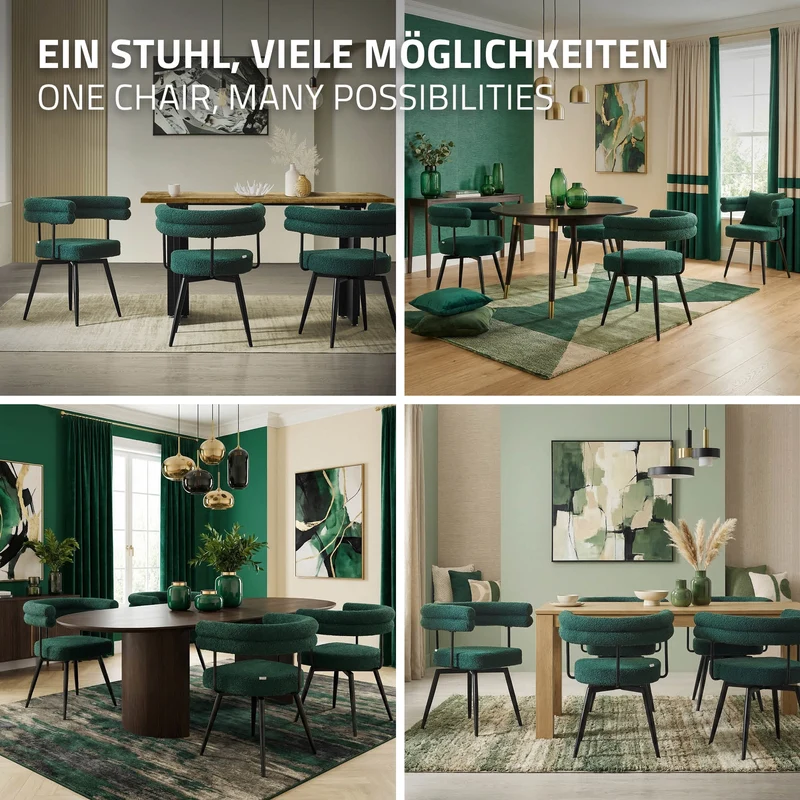 2er Set Esszimmerstühle 360° drehbar in Dunkelgrün Teddy-Stoff mit Arm- und Rückenlehnen Küchenstuhl ML-Design