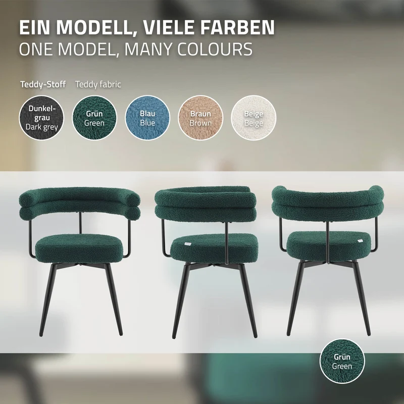 2er Set Esszimmerstühle 360° drehbar in Dunkelgrün Teddy-Stoff mit Arm- und Rückenlehnen Küchenstuhl ML-Design