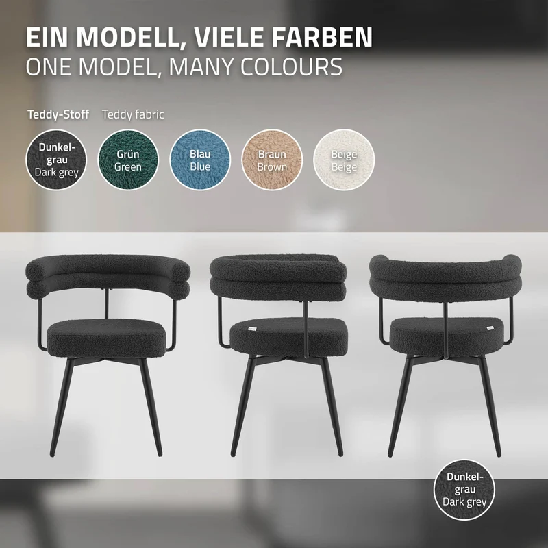 2er Set Esszimmerstühle 360° drehbar in Dunkelgrau Teddy-Stoff mit Arm- und Rückenlehnen Küchenstuhl ML-Design