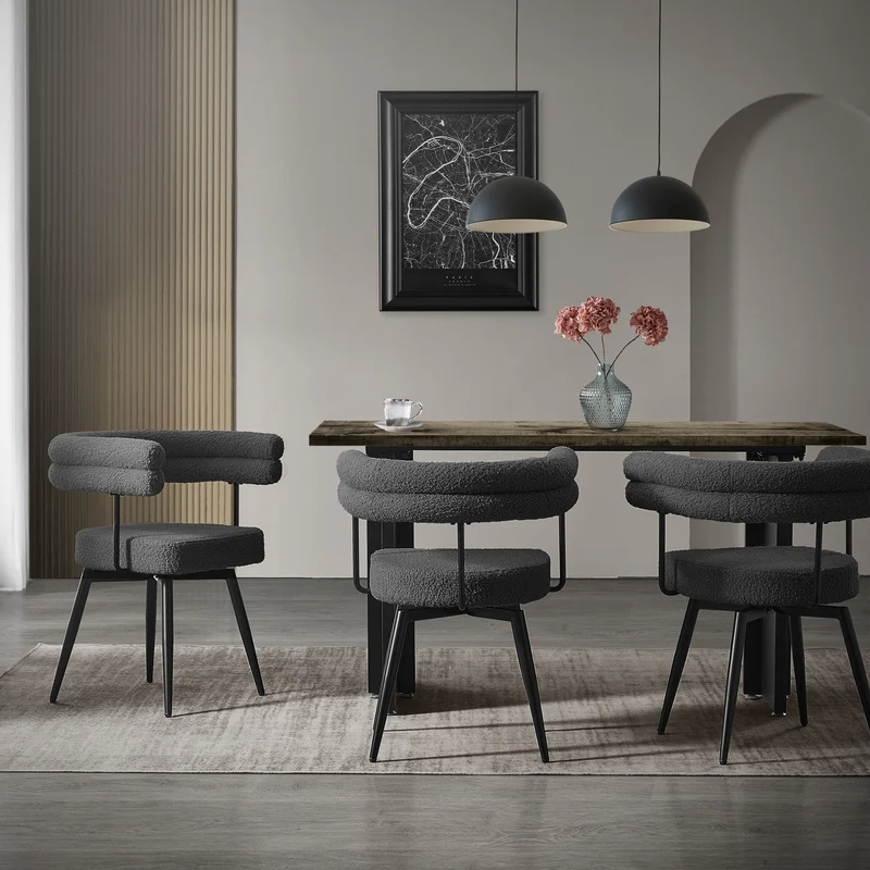 2er Set Esszimmerstühle 360° drehbar in Dunkelgrau Teddy-Stoff mit Arm- und Rückenlehnen Küchenstuhl ML-Design