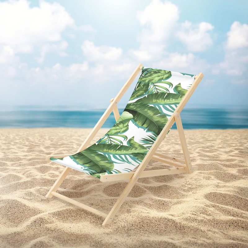 Gartenliege aus Holz in Tropical Grün-Weiß klappbarer Beachstuhl Strandstuhl Strandliege Liegestuhl Sonnenliege Relaxliege