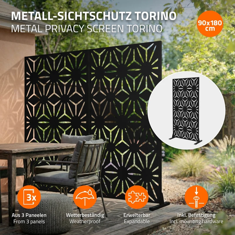 Metall-Sichtschutz Torino Schwarz 90x180 cm aus Stahl Raumteiler mit 3 Paneele Trennwand erweiterbar mit Ständer ML-Design
