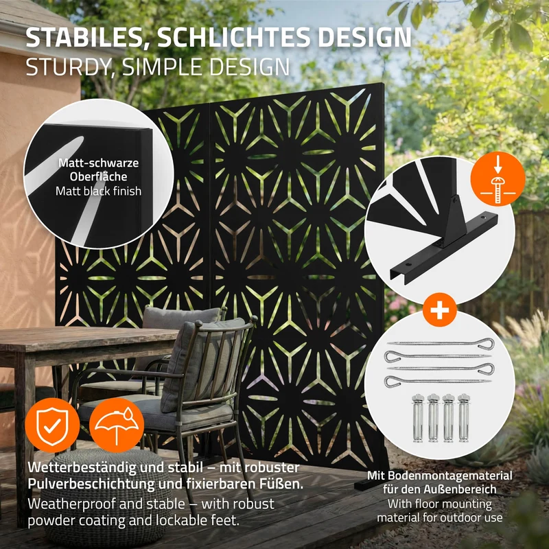 Metall-Sichtschutz Torino Schwarz 90x180 cm aus Stahl Raumteiler mit 3 Paneele Trennwand erweiterbar mit Ständer ML-Design