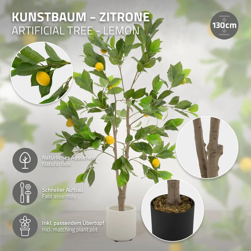 Künstlicher Zitronenbaum 130 cm Kunstpflanze im Topf mit Früchten ML-Design