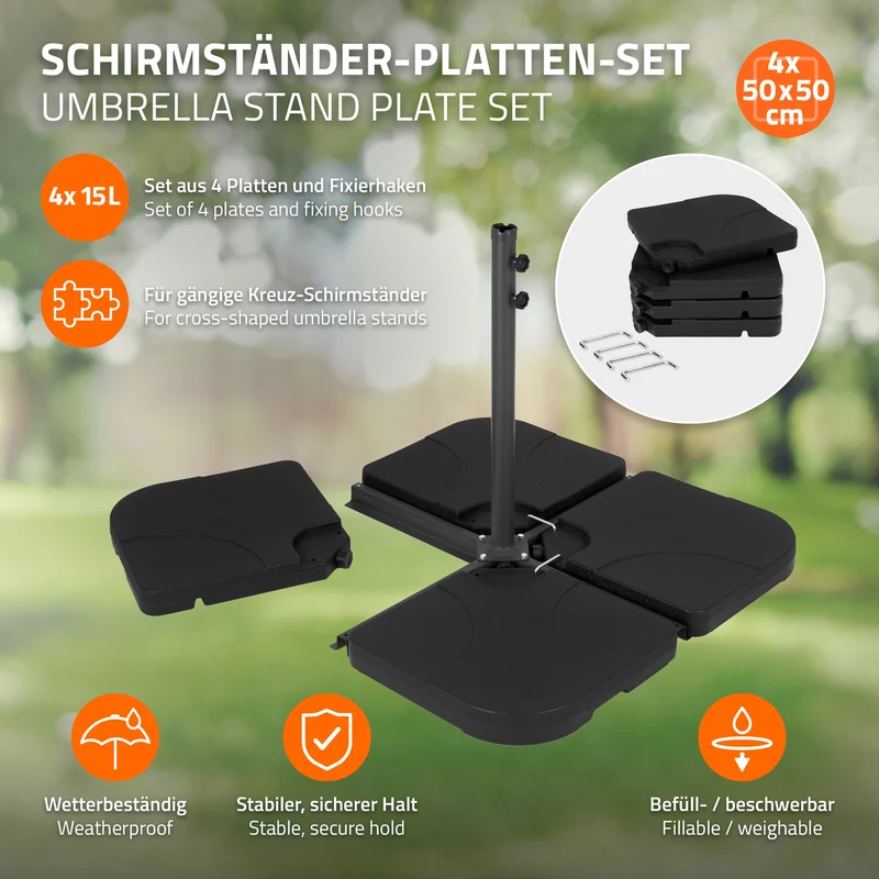 Sonnenschirmständer 4-teilig, Schwarz Schirmgewicht, Gewichtsplatten für Ampelschirmständer befüllbar mit 60 Liter Wasser/80kg Sand ML-Design