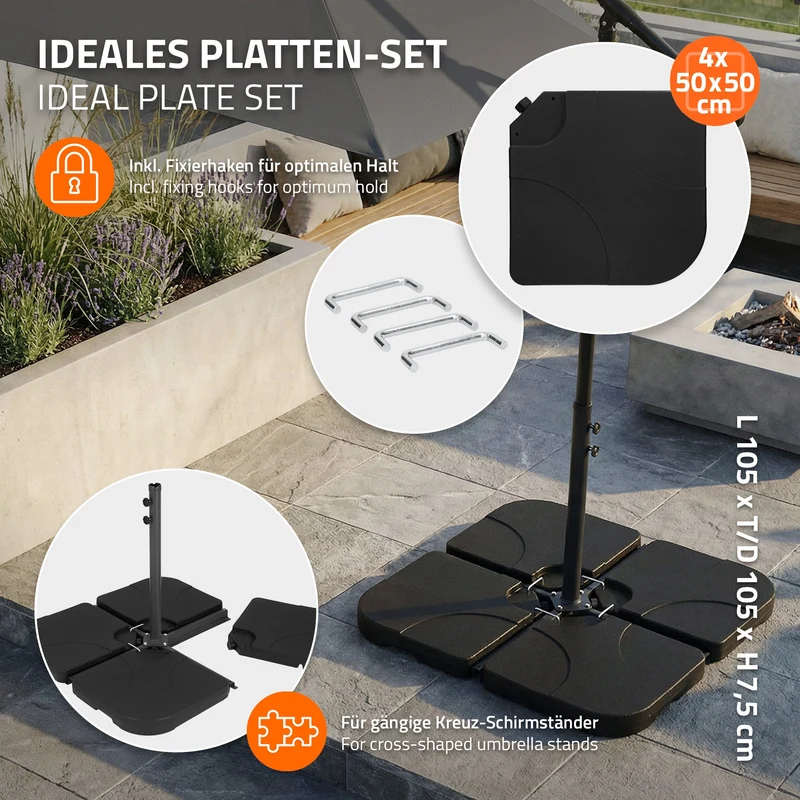 Sonnenschirmständer 4-teilig, Schwarz Schirmgewicht, Gewichtsplatten für Ampelschirmständer befüllbar mit 60 Liter Wasser/80kg Sand ML-Design