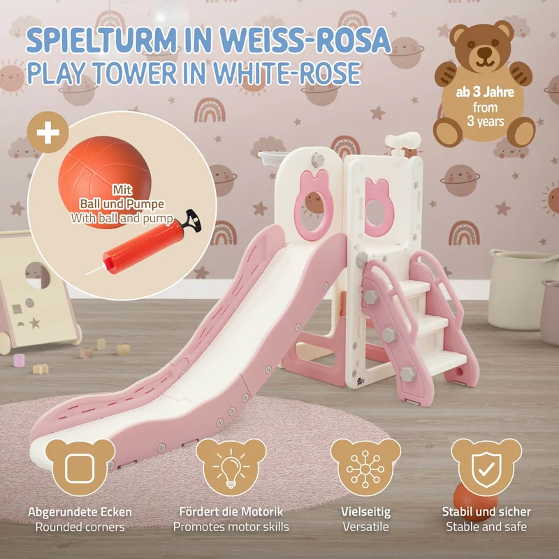 Kinder Spielturm Rosa-Weiß 3in1mit Rutsche, Basketballkorb und Kletterwand Indoor/Outdoor ab 3 Jahren Joyz