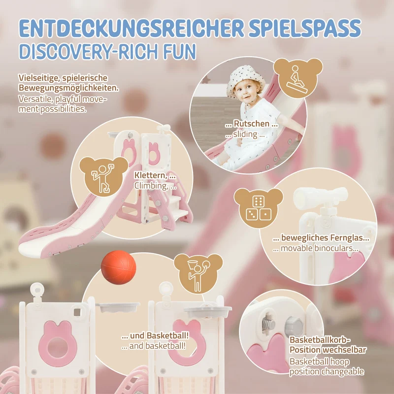 Kinder Spielturm Rosa-Weiß 3in1mit Rutsche, Basketballkorb und Kletterwand Indoor/Outdoor ab 3 Jahren Joyz