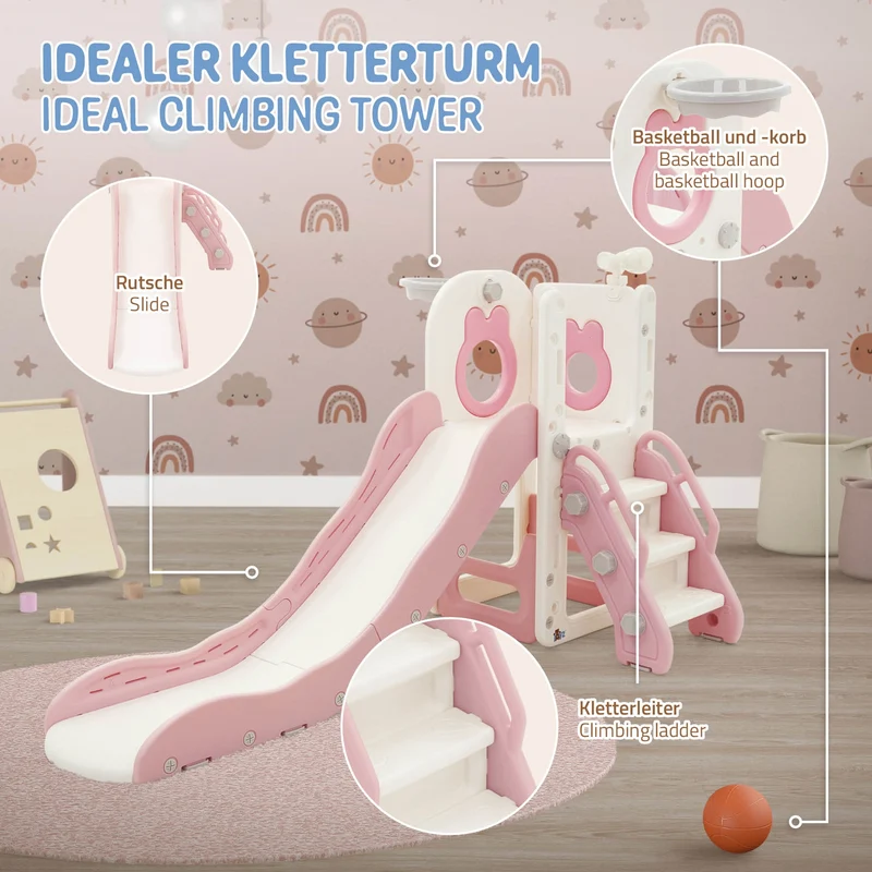 Kinder Spielturm Rosa-Weiß 3in1mit Rutsche, Basketballkorb und Kletterwand Indoor/Outdoor ab 3 Jahren Joyz