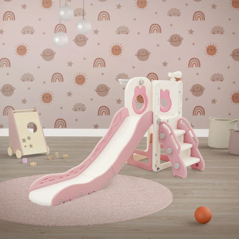 Kinder Spielturm Rosa-Weiß 3in1mit Rutsche, Basketballkorb und Kletterwand Indoor/Outdoor ab 3 Jahren Joyz
