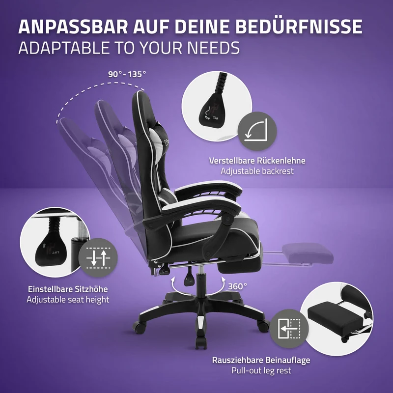 Gaming Stuhl mit Fußstütze und Armlehne Schwarz-Weiß, aus Kunstleder ML-Design