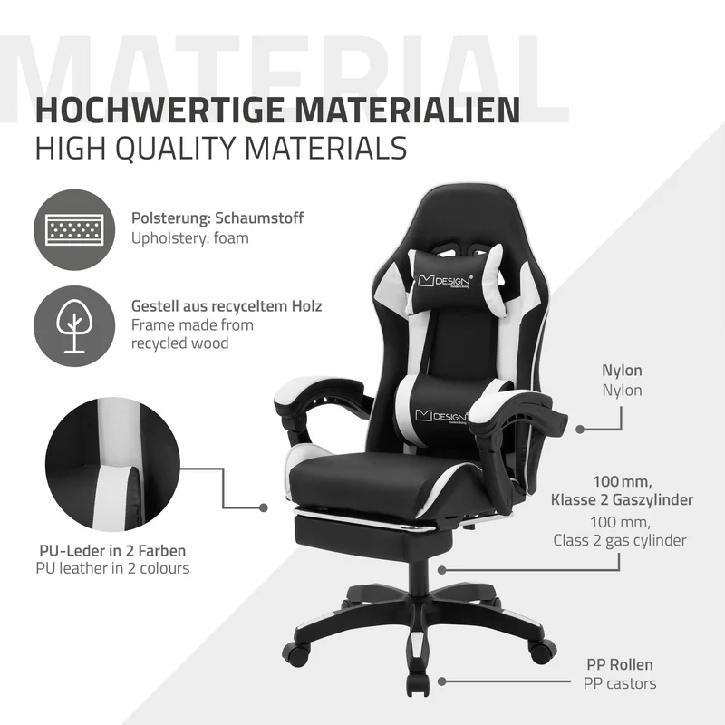 Gaming Stuhl mit Fußstütze und Armlehne Schwarz-Weiß, aus Kunstleder ML-Design