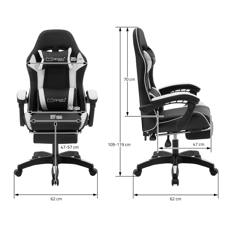 Gaming Stuhl mit Fußstütze und Armlehne Schwarz-Weiß, aus Kunstleder ML-Design