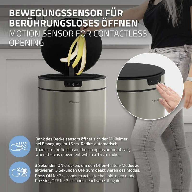 Mülleimer mit Sensor 40L rund aus Edelstahl, Silber, Automatisches Öffnen & Schließen ML-Design