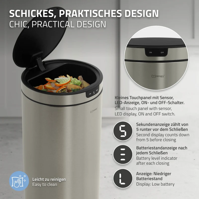 Mülleimer mit Sensor 40L rund aus Edelstahl, Silber, Automatisches Öffnen & Schließen ML-Design