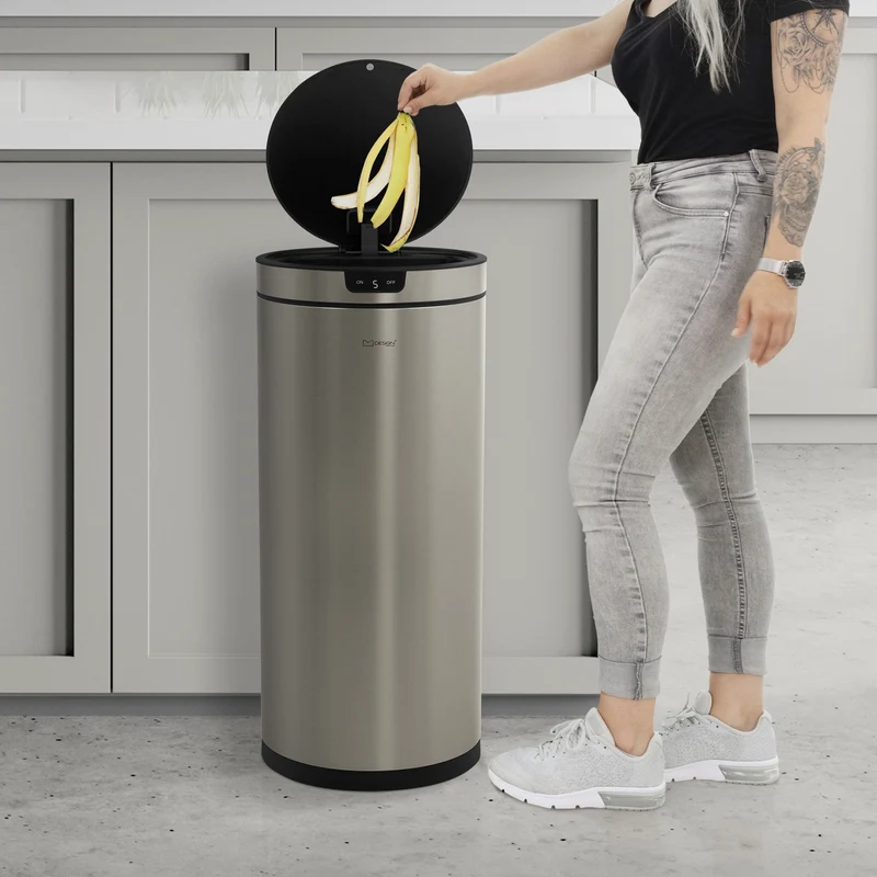 Mülleimer mit Sensor 40L rund aus Edelstahl, Silber, Automatisches Öffnen & Schließen ML-Design