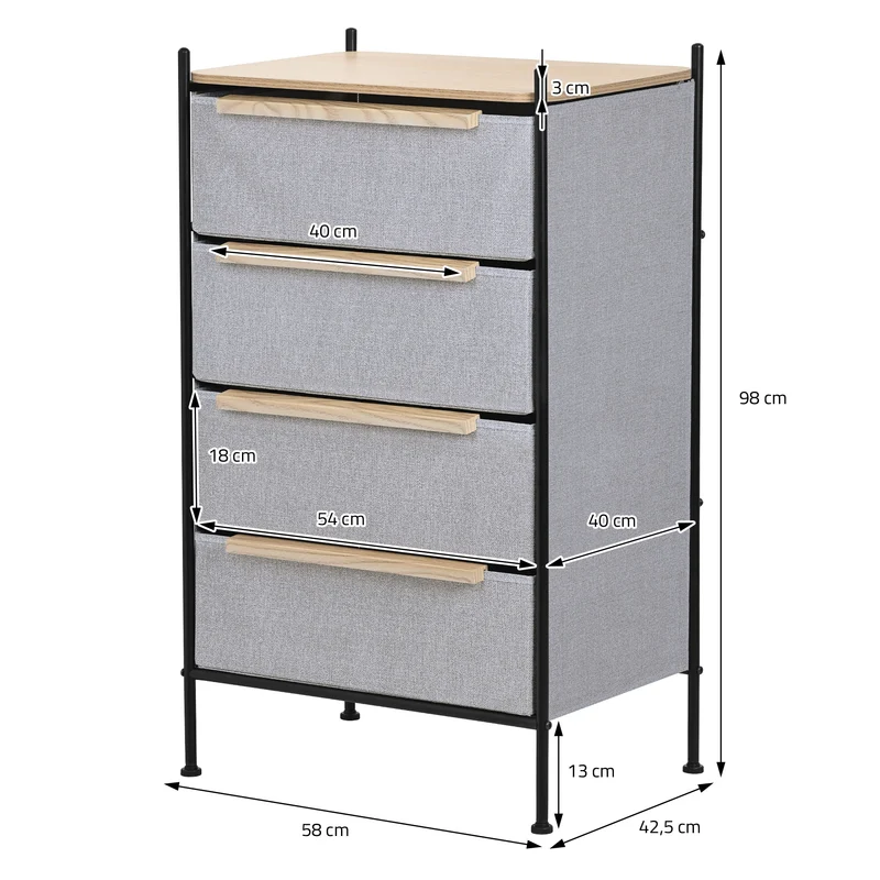 Kommode 58x98x42,5 cm Eiche aus Stahl, MDF mit 4 Stoff Schubladen ML Design