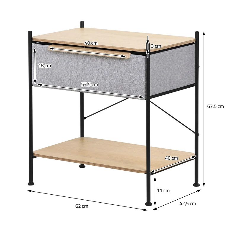 Nachttisch 62x67,5x42,5 cm Eiche aus Stahl, MDF mit Stoff Schublade ML Design