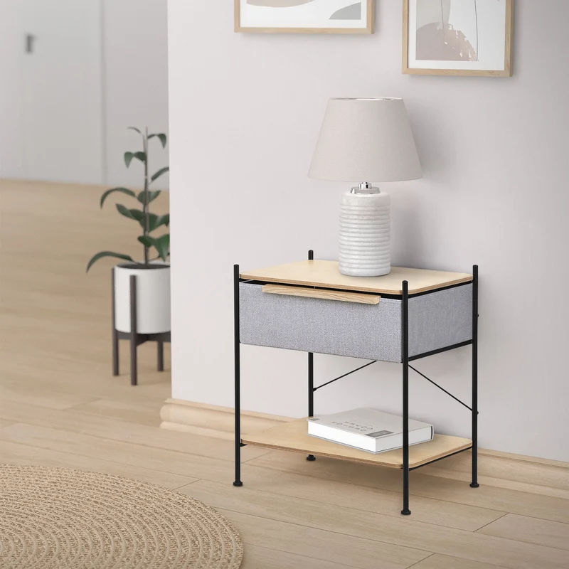 Nachttisch 62x67,5x42,5 cm Eiche aus Stahl, MDF mit Stoff Schublade ML Design
