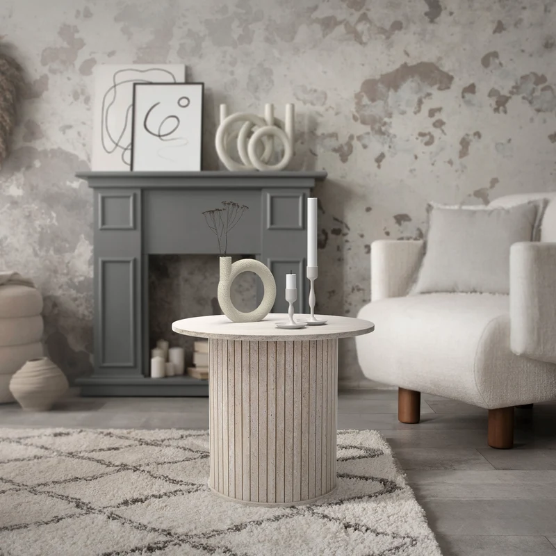 Couchtisch rund Ø60 x 50 cm, Stein-Optik, Beige, Wohnzimmertisch ML-Design