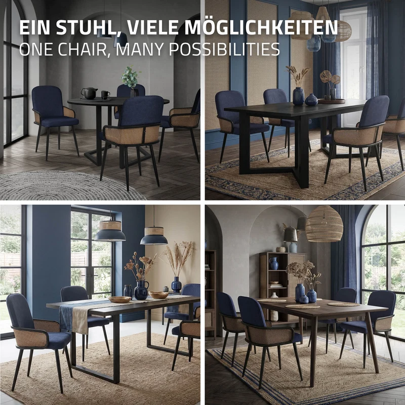 Esszimmerstühle 2er Set Dunkelblau mit Arm- & Rückenlehne, Polsterstühle für Esszimmer & Küche ML-Design