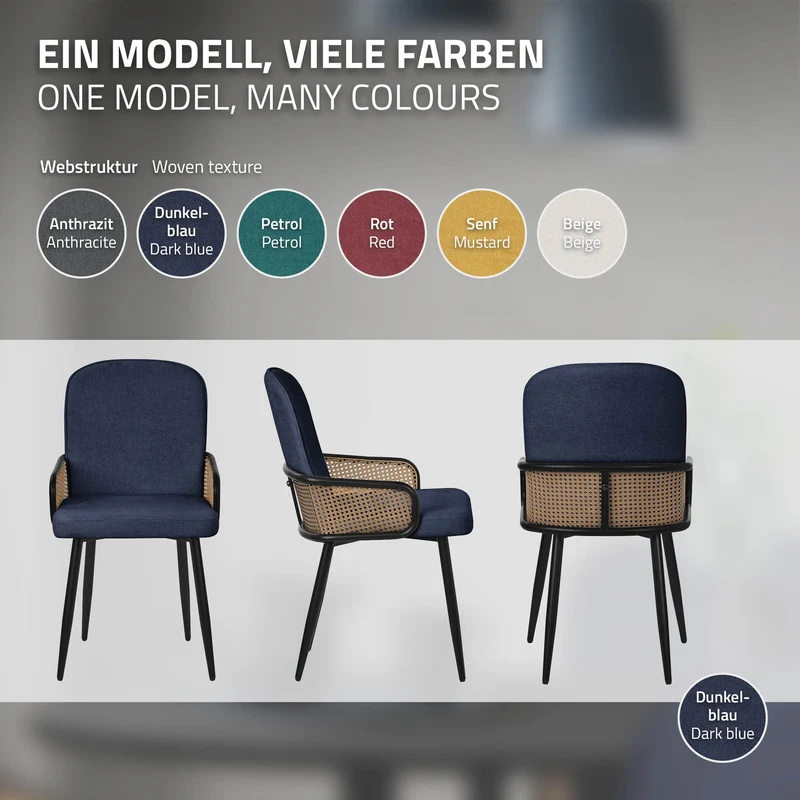 Esszimmerstühle 2er Set Dunkelblau mit Arm- & Rückenlehne, Polsterstühle für Esszimmer & Küche ML-Design